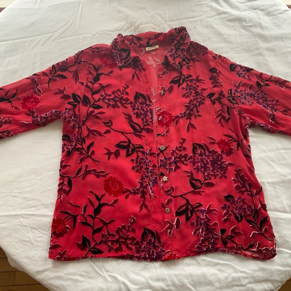 SAREET silk velvet floral pattern 3/4 sleeve blouse/M/L